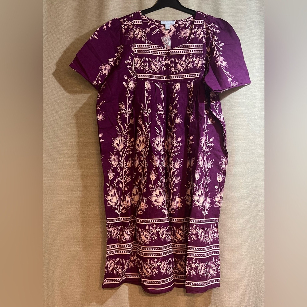 Only Necessities Purple Floral Cotton Loungewear Dress Muu Muu Pockets Size L